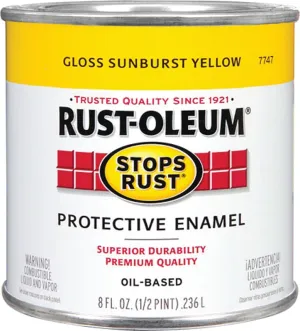 Rust-Oleum Stops Rust 7747730 Enamel Paint, Oil, Gloss, Sunburst Yellow, 0.5 pt, Can, 50 to 90 sq-ft/qt Coverage Area :1/2PT: QUANTITY: 1