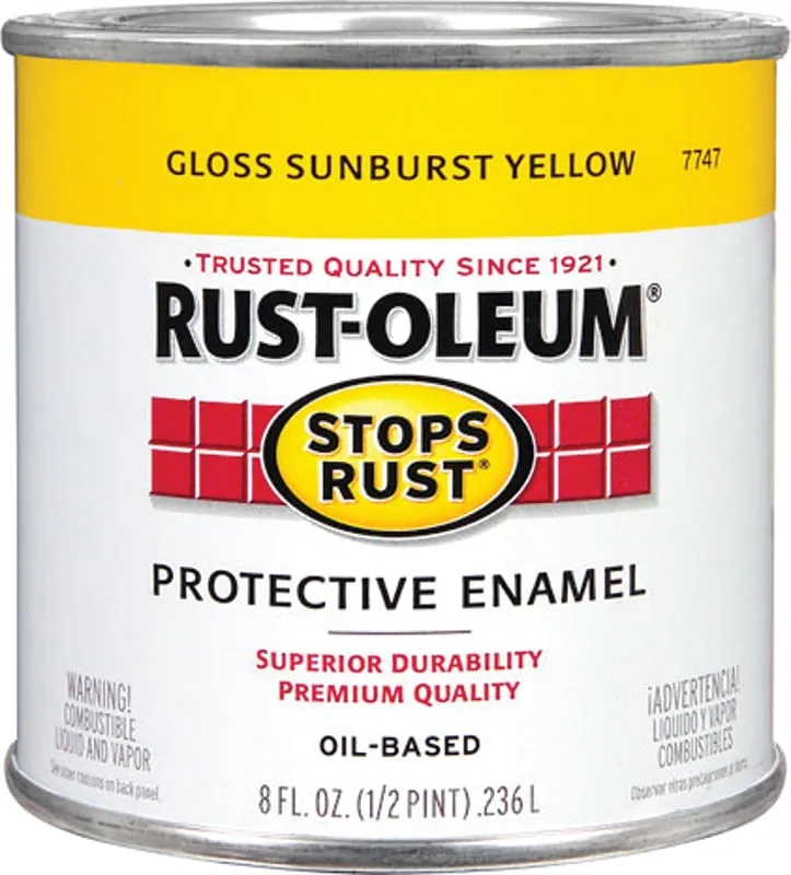 Rust-Oleum Stops Rust 7747730 Enamel Paint, Oil, Gloss, Sunburst Yellow, 0.5 pt, Can, 50 to 90 sq-ft/qt Coverage Area :1/2PT: QUANTITY: 1