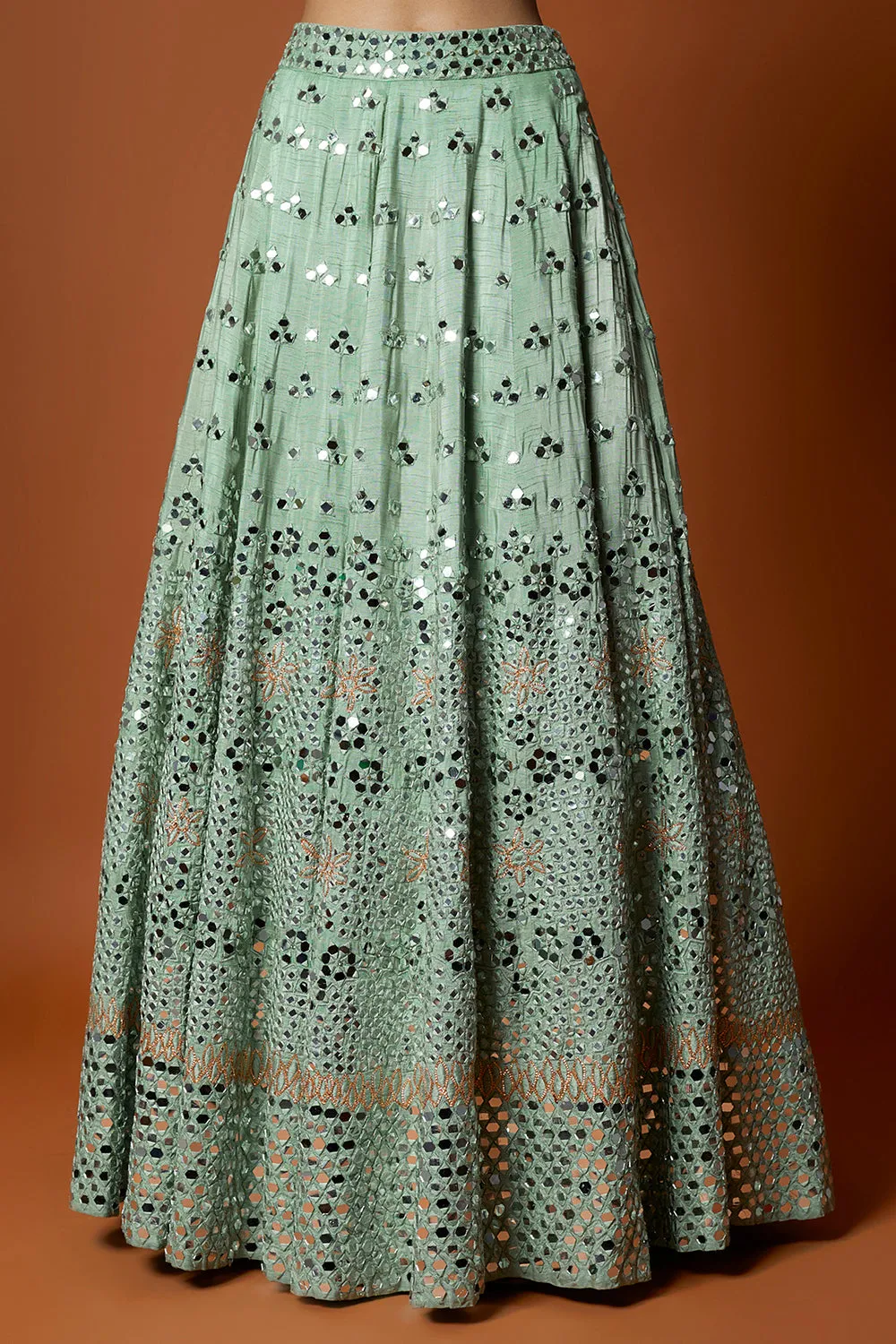 Sea Green Mirror Embroidered Lehenga Set