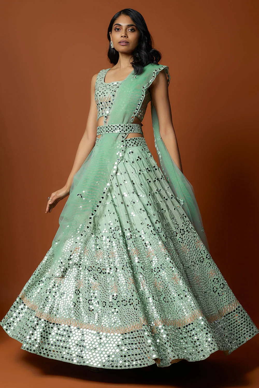 Sea Green Mirror Embroidered Lehenga Set