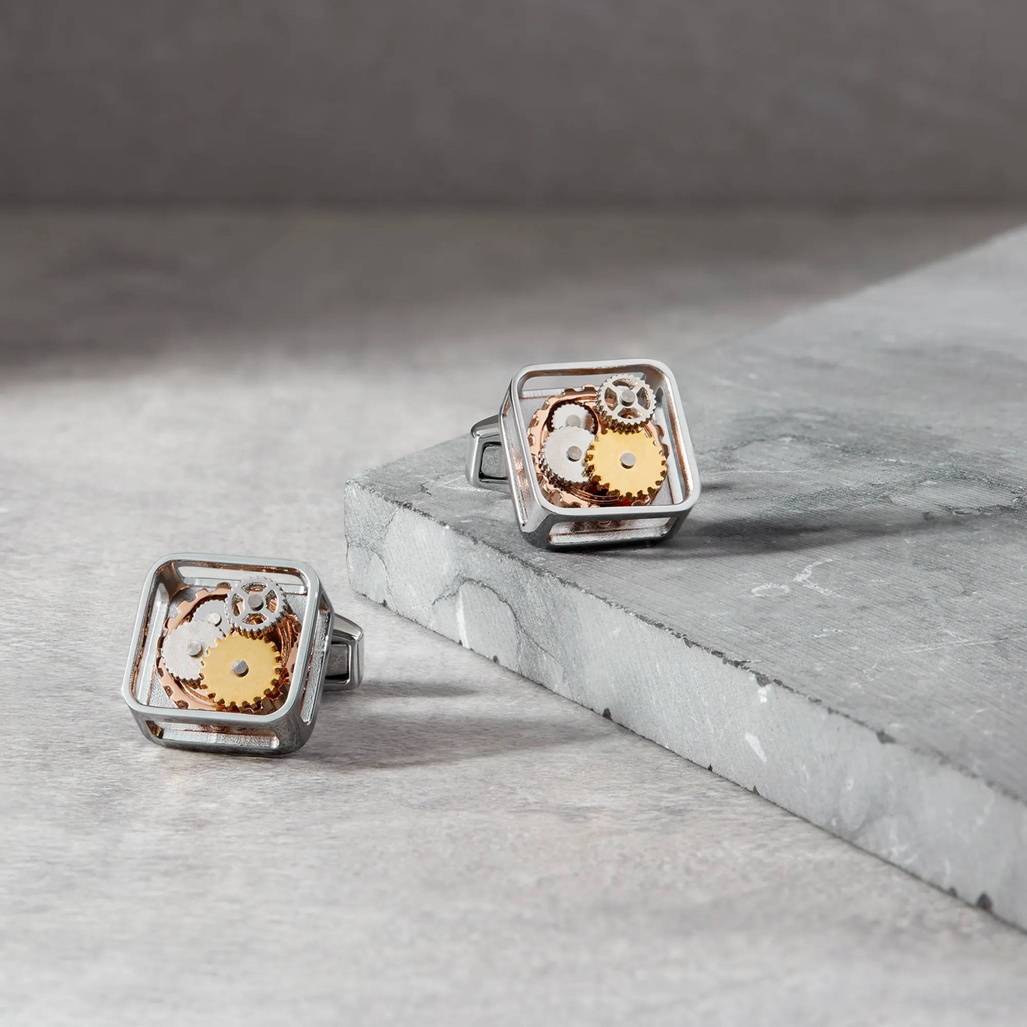 Square Gear Cufflinks with Rhodium Finish