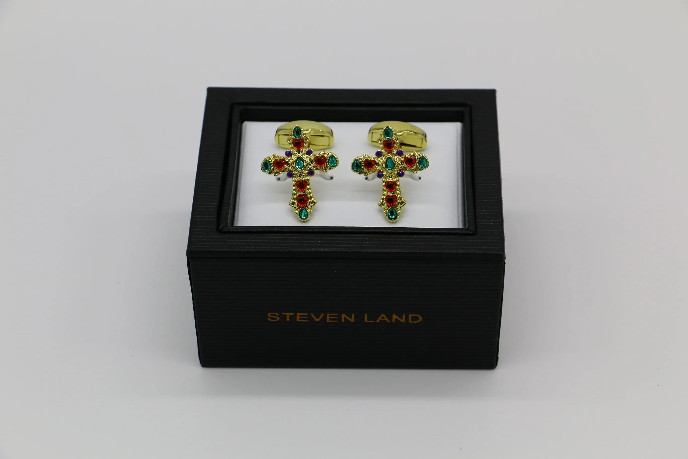 Steven Land Cufflinks Set | Cortez | Multi Colored Gems | Cross Shape