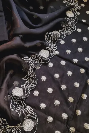 Stunning Black Banarasi Chanderi Silk Suit Set with Embroidered Cutdana Work and Organza Silk Dupatta