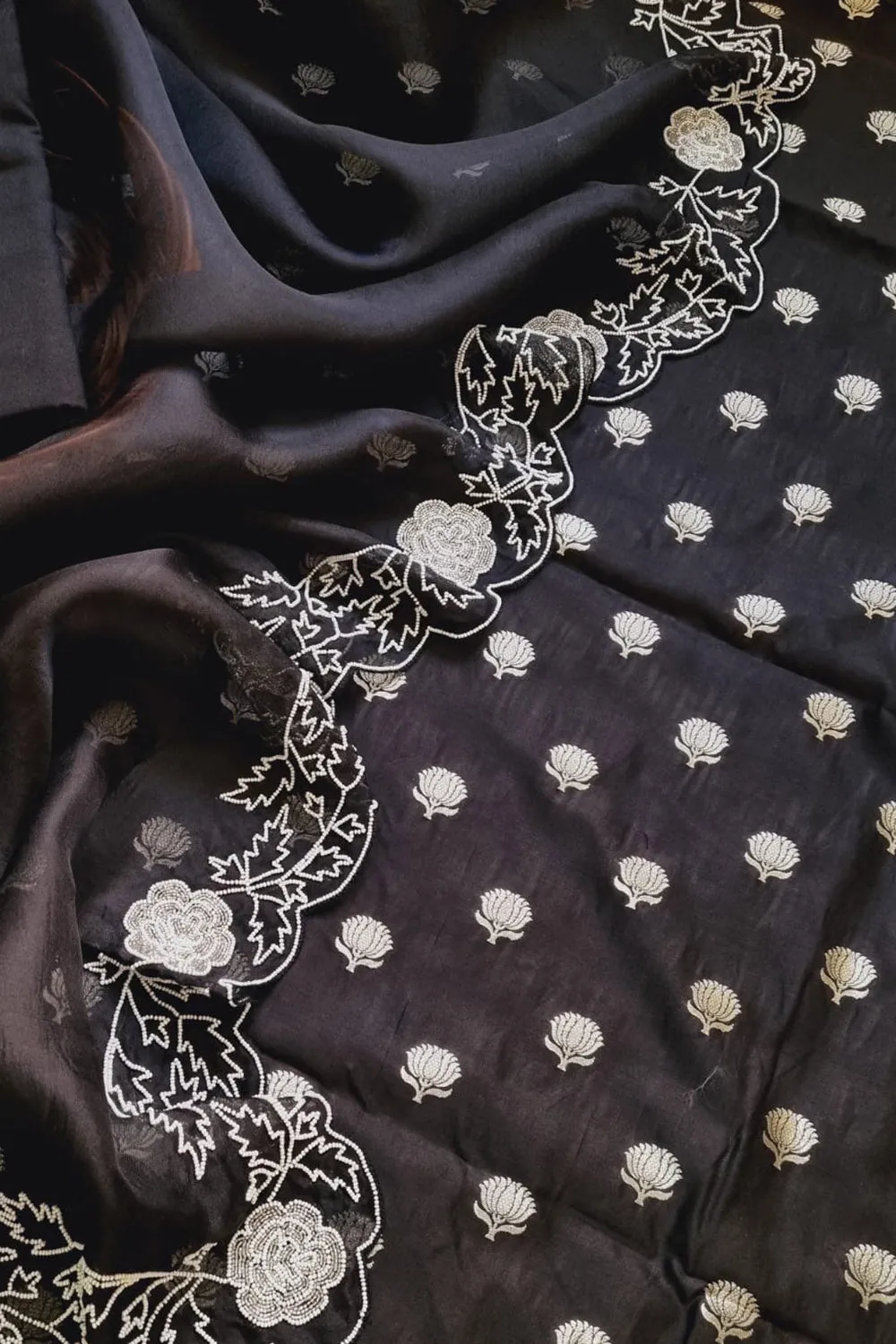Stunning Black Banarasi Chanderi Silk Suit Set with Embroidered Cutdana Work and Organza Silk Dupatta
