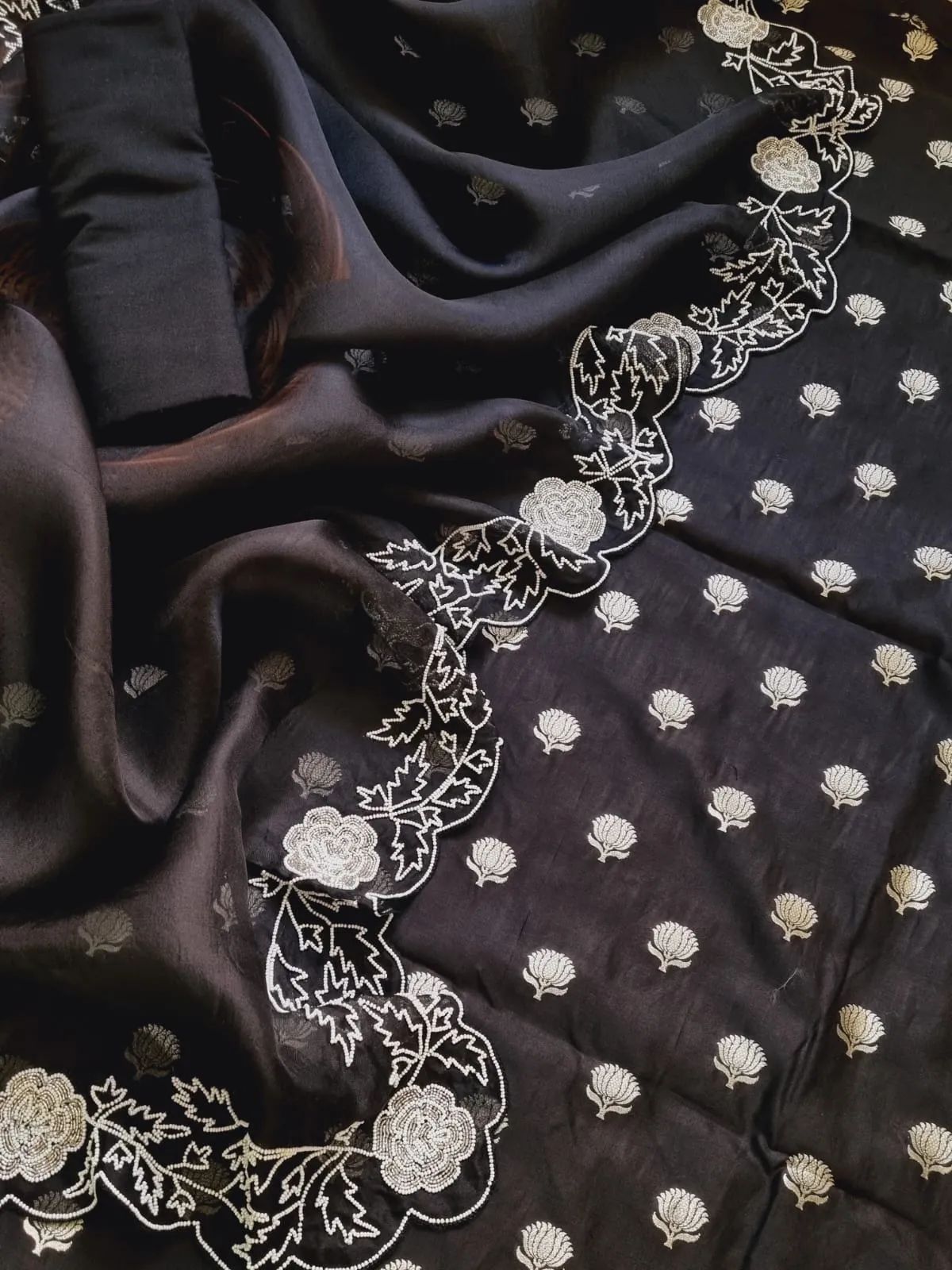 Stunning Black Banarasi Chanderi Silk Suit Set with Embroidered Cutdana Work and Organza Silk Dupatta