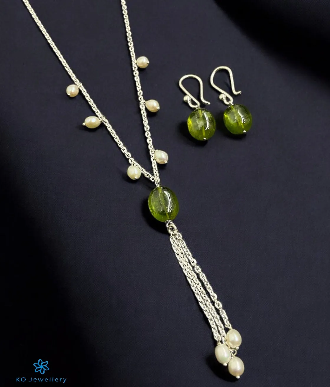 The Idaya Lariat Silver Pearl & Gemstone Necklace/ Earrings