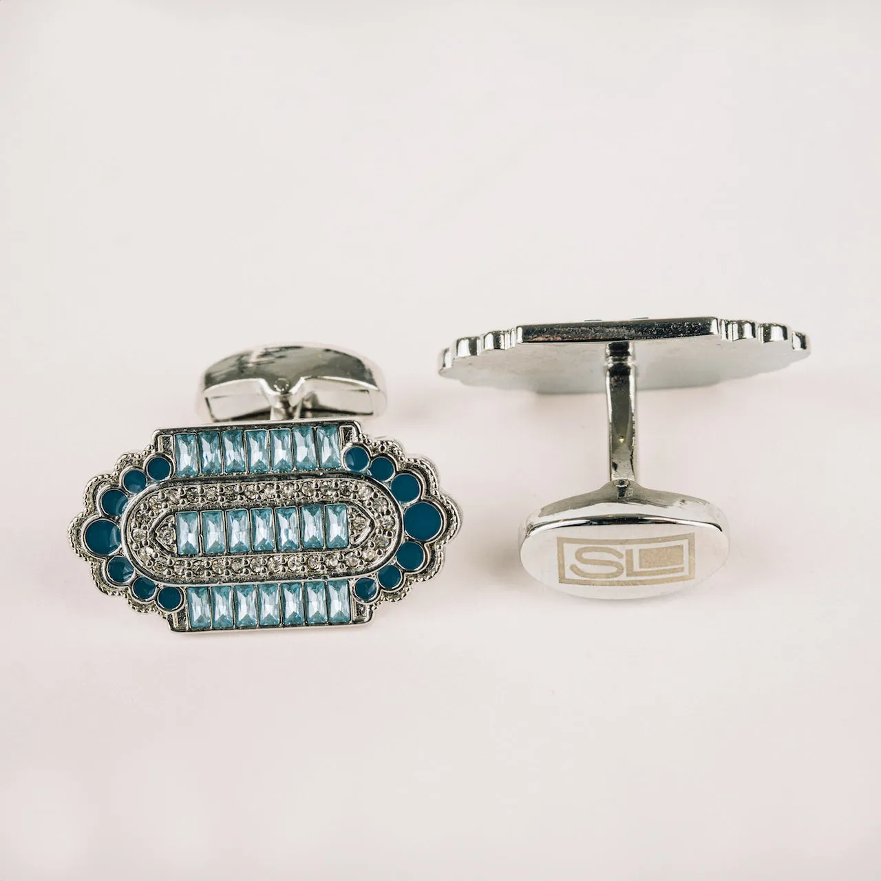 The Taj Cufflinks Set | Silver with Diamond and Blue Turquoise Stone Accents