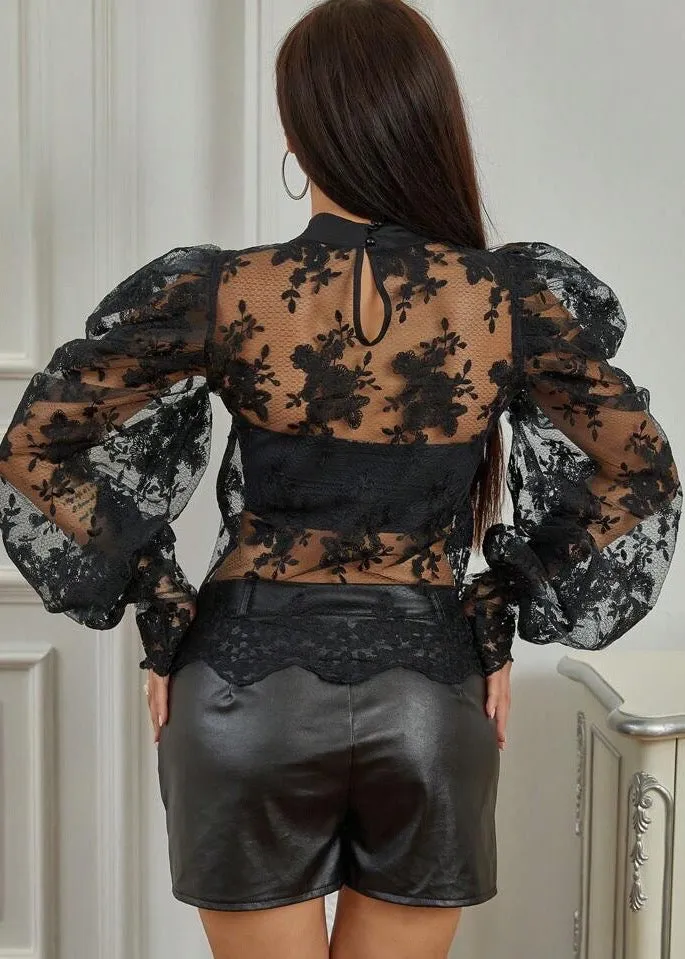 Tie Neck Lantern Sleeve Embroidered Mesh Blouse