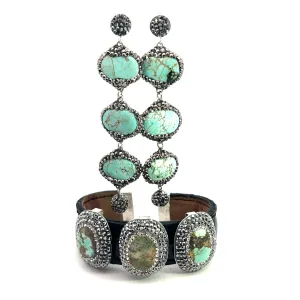 Turquoise 3 Tier Triple Gemstone Pink Leather Cuff Bracelet Set
