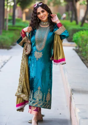 Turquoise Velvet Kameez & Olive Velvet Dupatta
