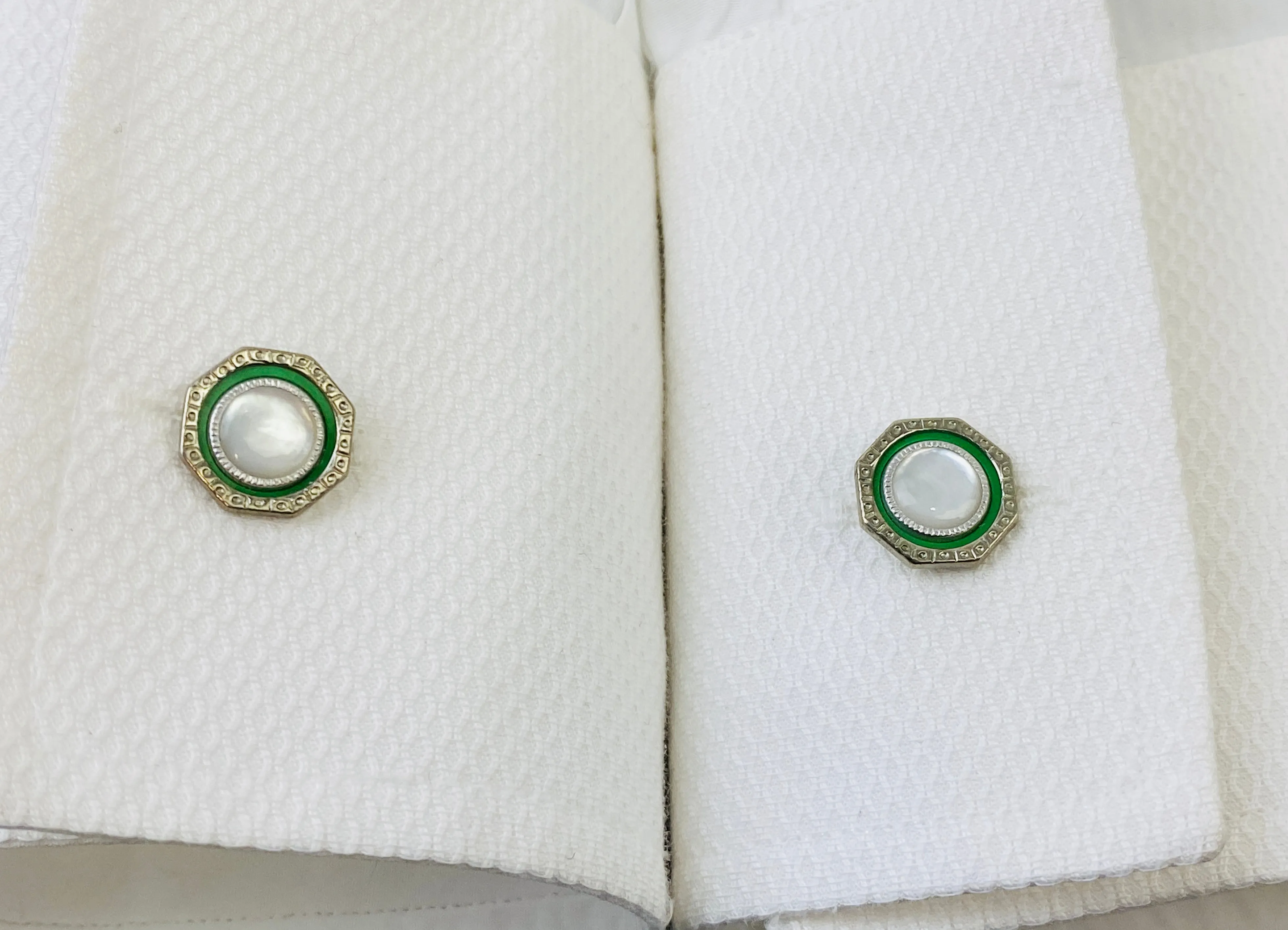 Vintage 1910s Men's Cufflinks, Octagonal Silver & Green Bean-Back, Mother of Pearl