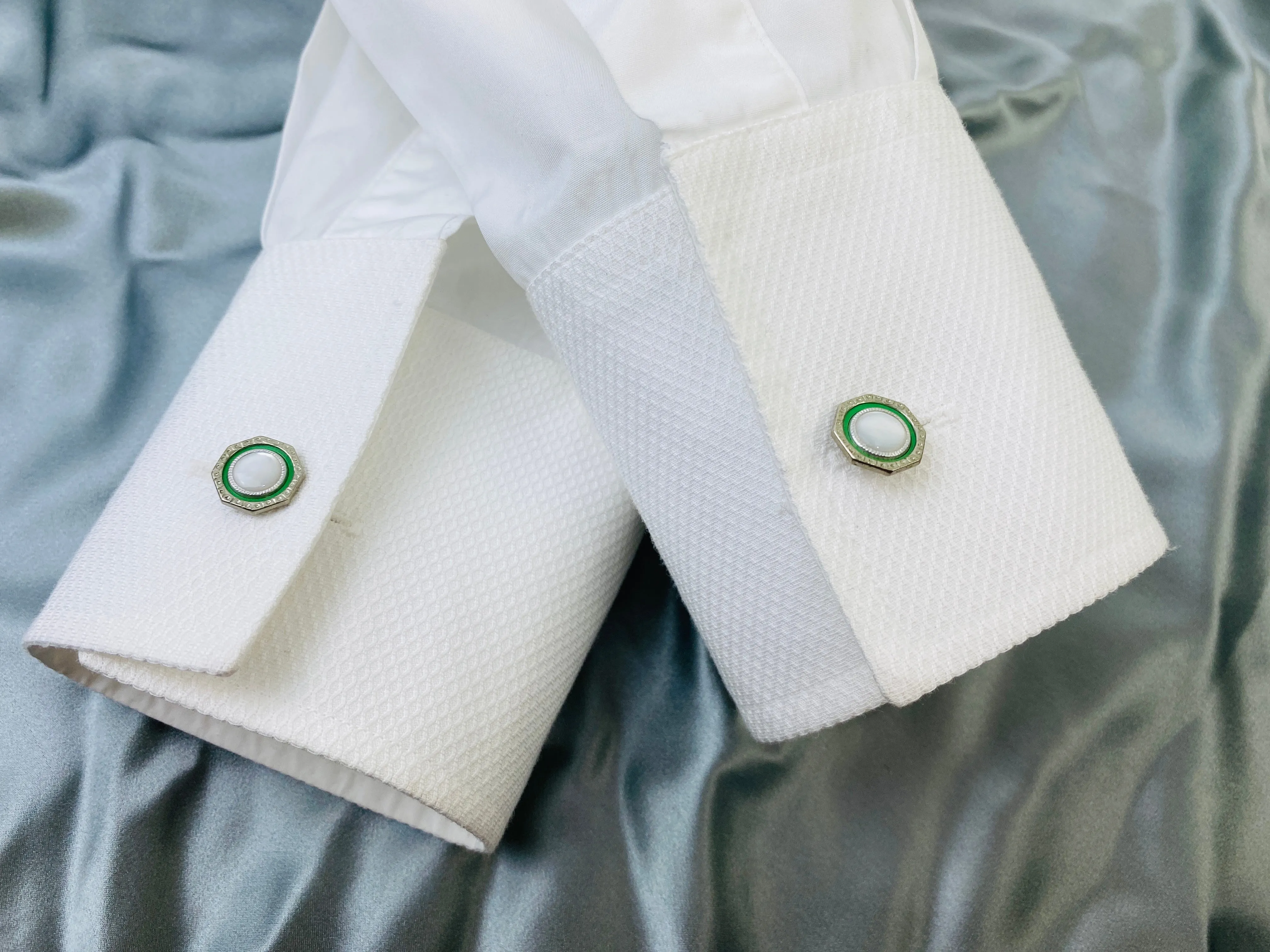Vintage 1910s Men's Cufflinks, Octagonal Silver & Green Bean-Back, Mother of Pearl