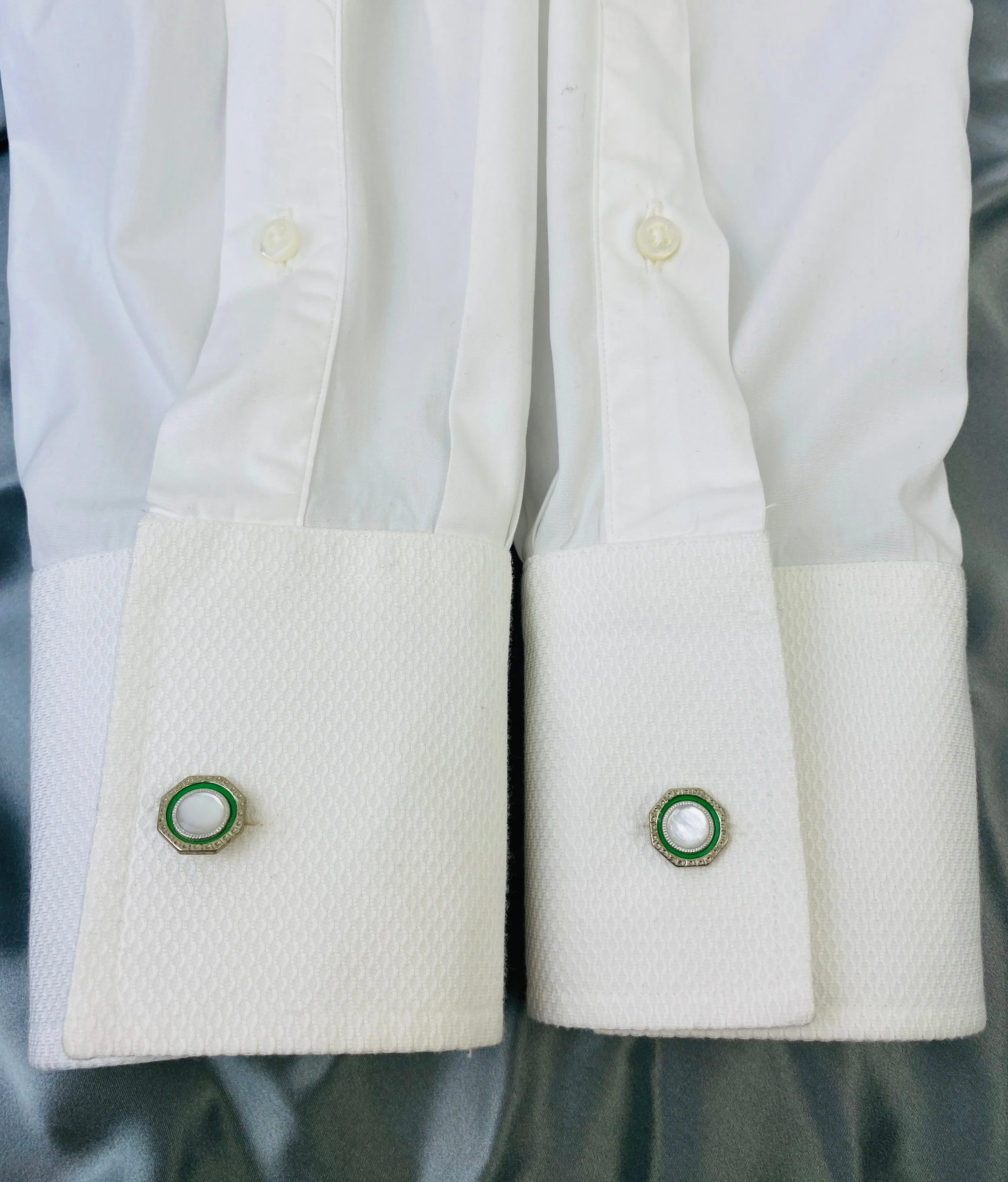 Vintage 1910s Men's Cufflinks, Octagonal Silver & Green Bean-Back, Mother of Pearl