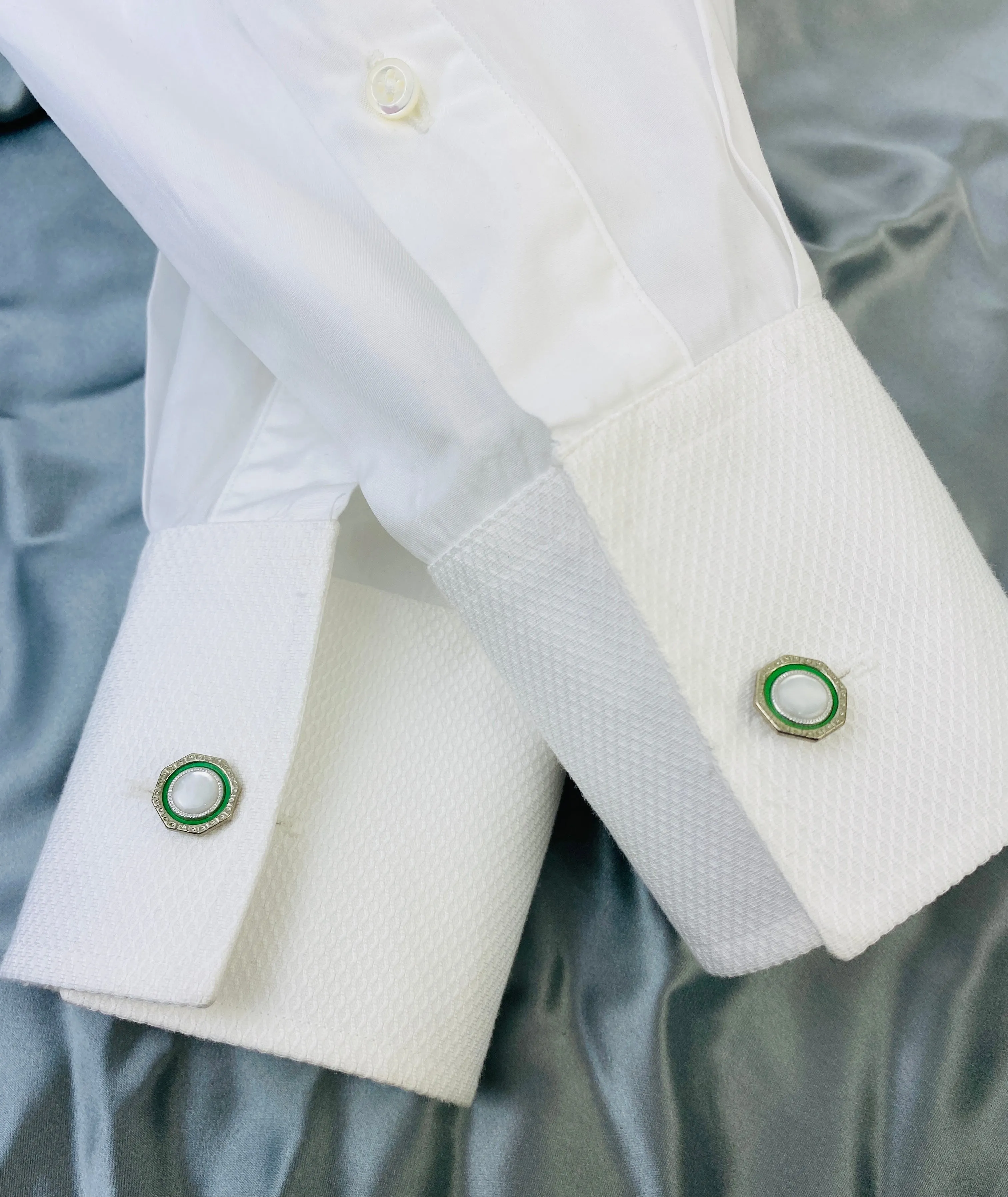 Vintage 1910s Men's Cufflinks, Octagonal Silver & Green Bean-Back, Mother of Pearl