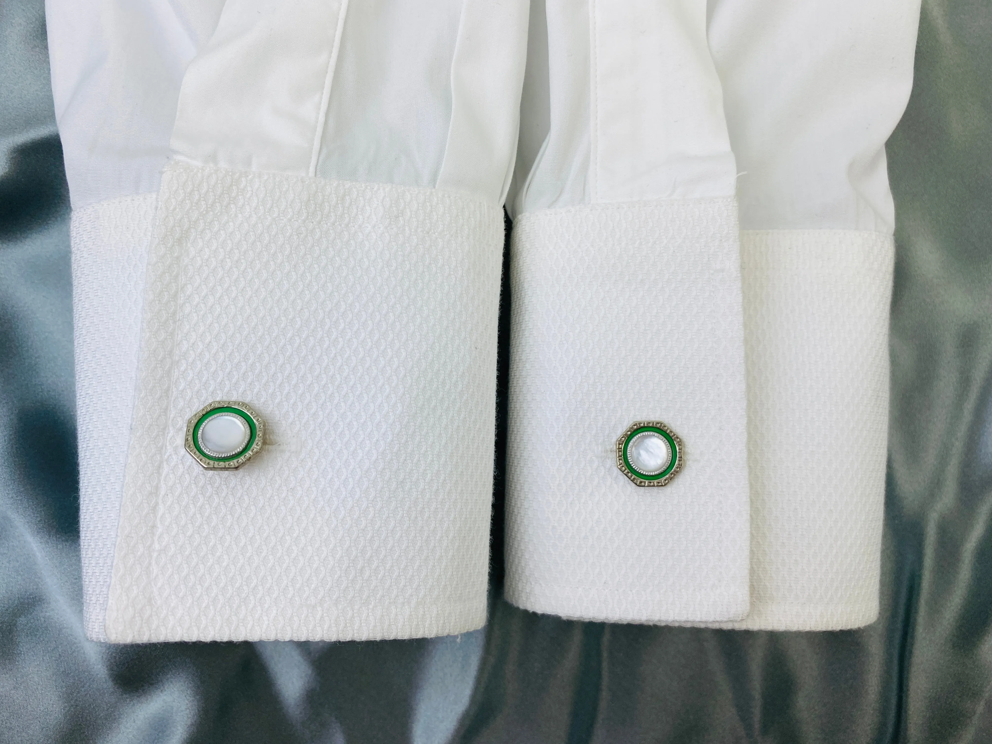 Vintage 1910s Men's Cufflinks, Octagonal Silver & Green Bean-Back, Mother of Pearl