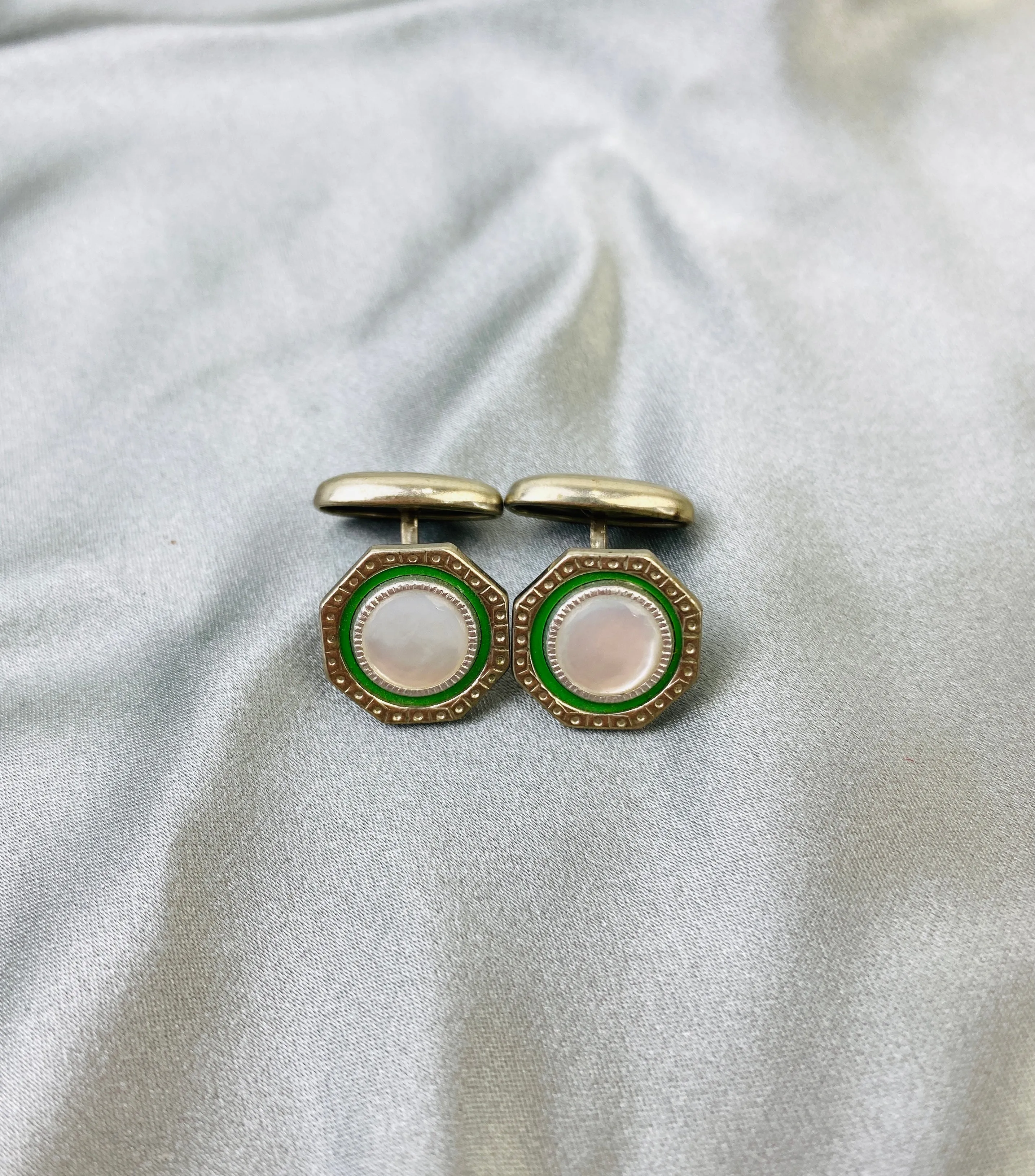 Vintage 1910s Men's Cufflinks, Octagonal Silver & Green Bean-Back, Mother of Pearl