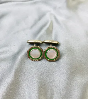 Vintage 1910s Men's Cufflinks, Octagonal Silver & Green Bean-Back, Mother of Pearl