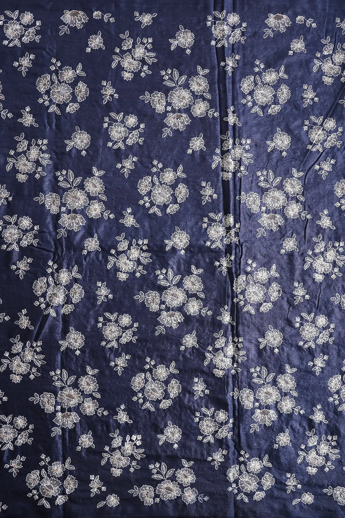 White Thread With Gold Sequins Floral Embroidery On Navy Blue Pure Bamboo Silk Fabric
