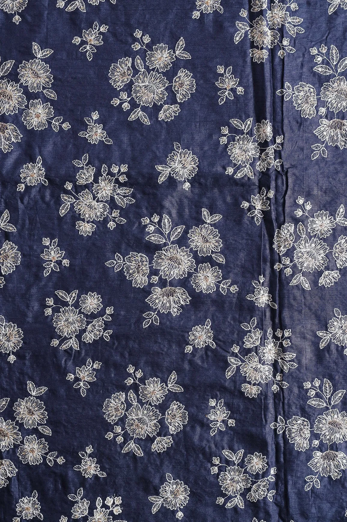 White Thread With Gold Sequins Floral Embroidery On Navy Blue Pure Bamboo Silk Fabric