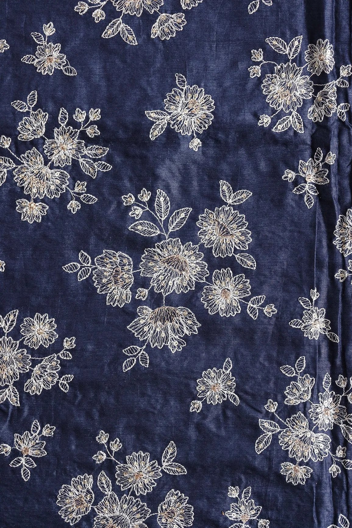 White Thread With Gold Sequins Floral Embroidery On Navy Blue Pure Bamboo Silk Fabric