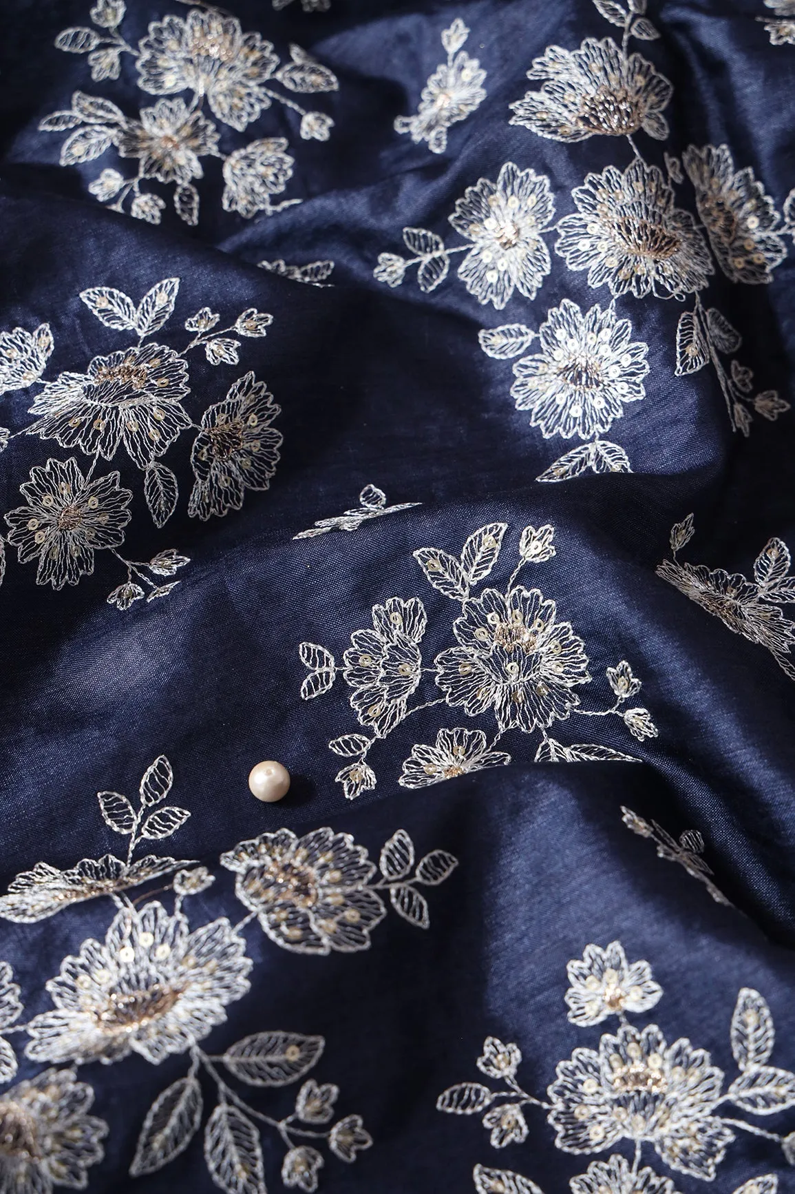 White Thread With Gold Sequins Floral Embroidery On Navy Blue Pure Bamboo Silk Fabric