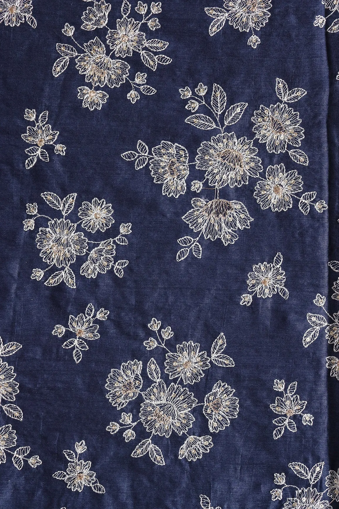White Thread With Gold Sequins Floral Embroidery On Navy Blue Pure Bamboo Silk Fabric