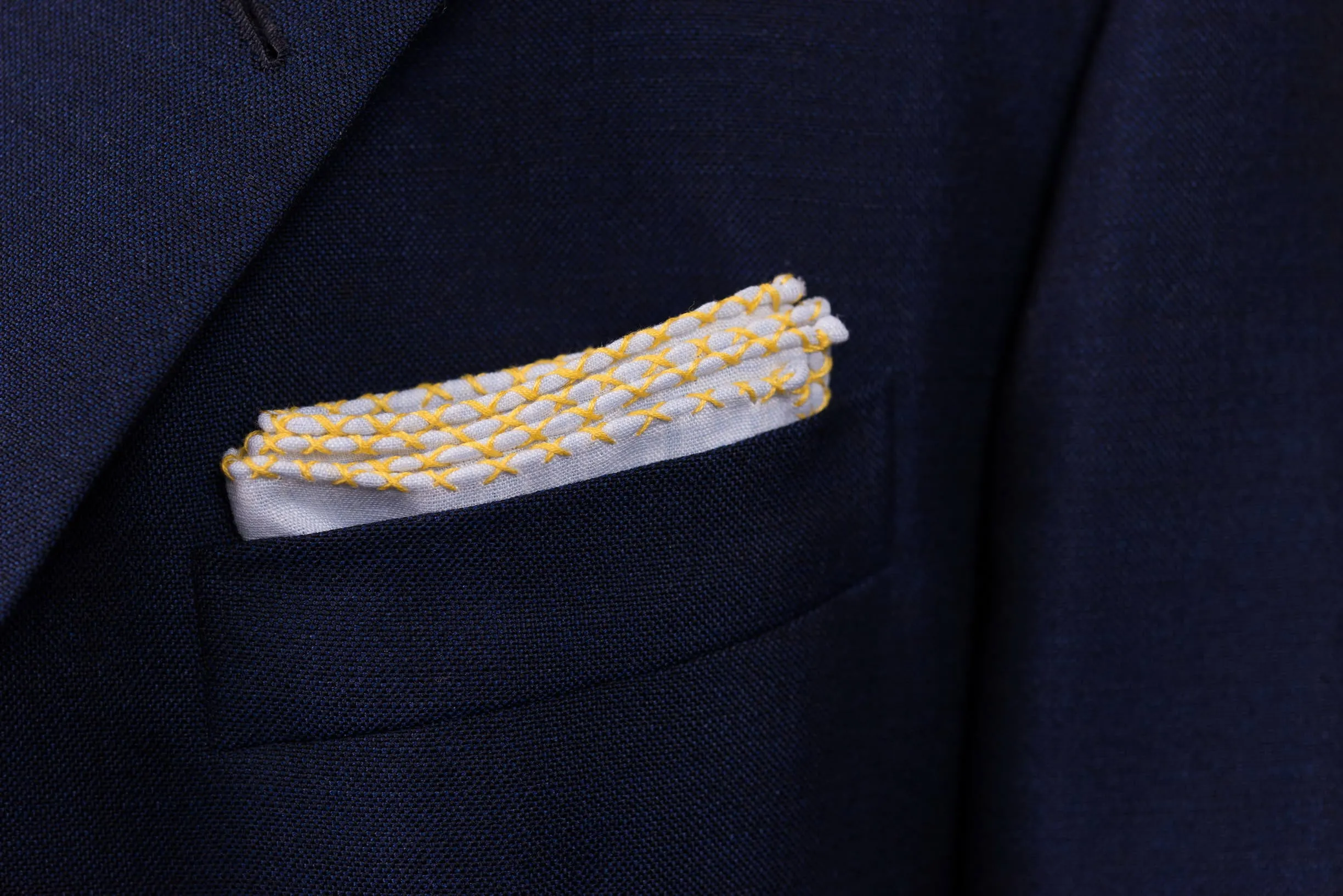 Yellow X-Stitch Edge Light Blue Linen Pocket Square