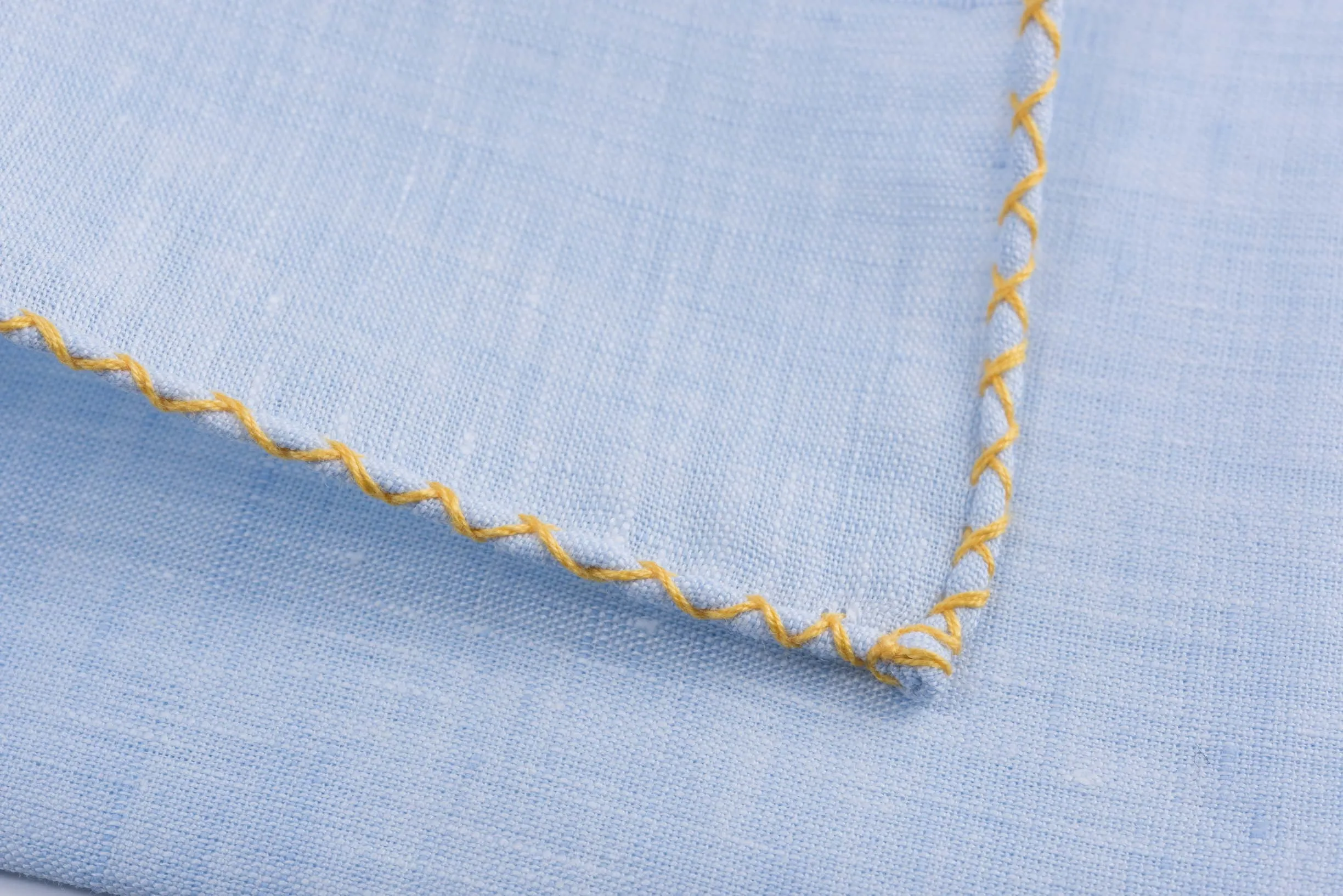 Yellow X-Stitch Edge Light Blue Linen Pocket Square