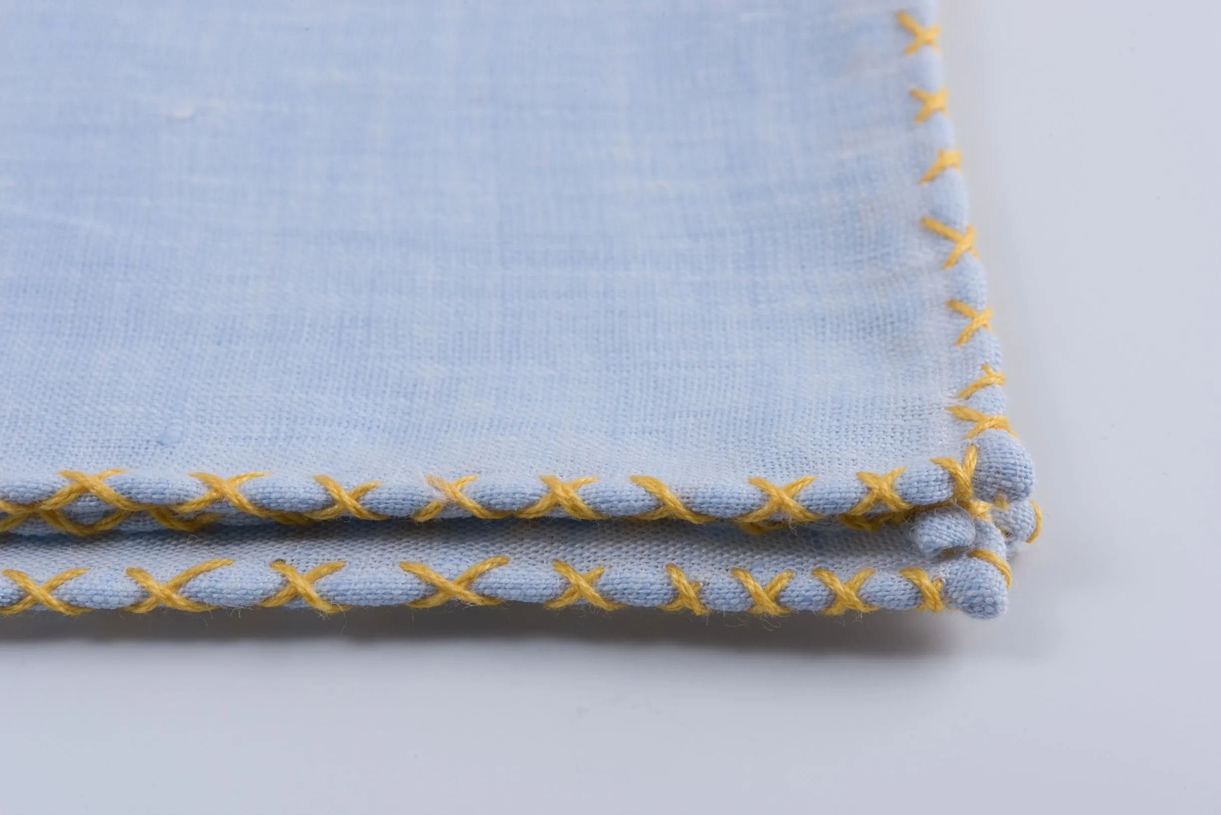 Yellow X-Stitch Edge Light Blue Linen Pocket Square