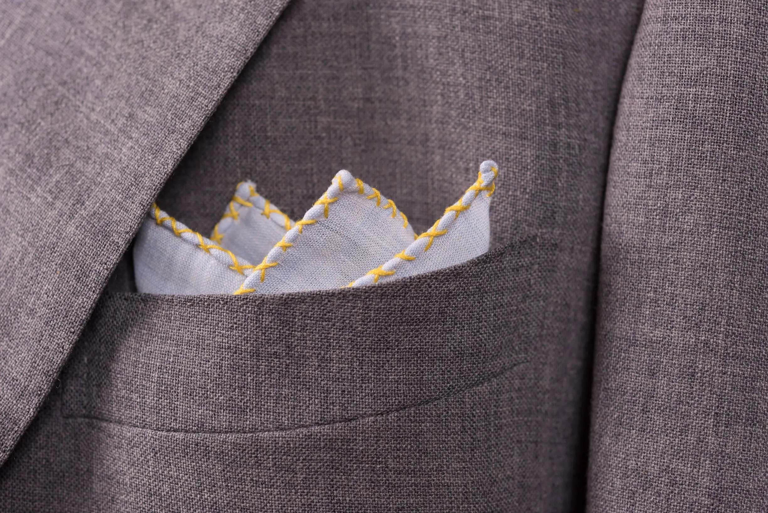 Yellow X-Stitch Edge Light Blue Linen Pocket Square