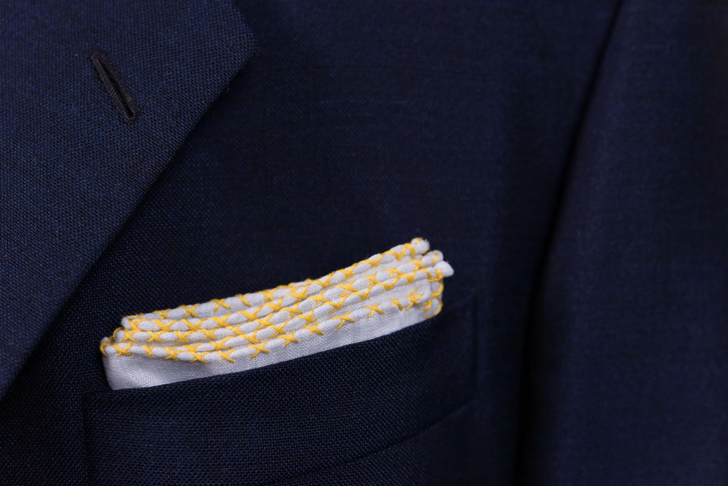 Yellow X-Stitch Edge Light Blue Linen Pocket Square