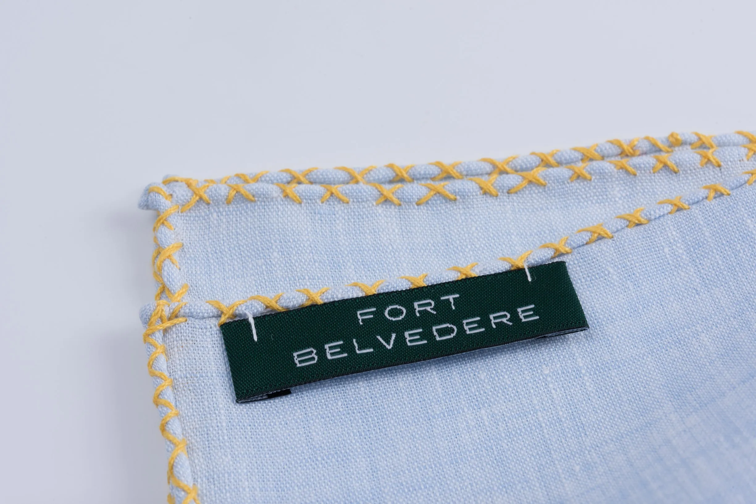 Yellow X-Stitch Edge Light Blue Linen Pocket Square